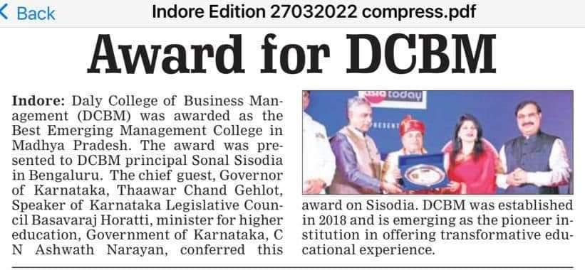 DCBM awarded the Best Emerging Management College